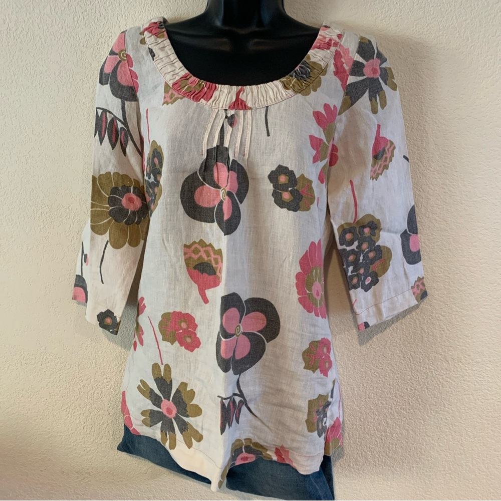 Boden Tunic Top Size 2 Linen Floral Print 3/4 Sleeve Pleated Scoop Neck Costal